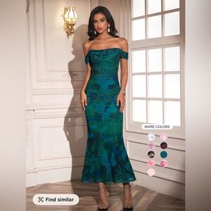 Elegant Blue-Green Off-Shoulder Midi Dress